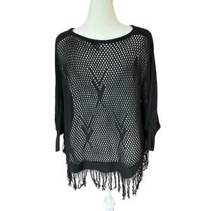 Arianna Boho Black Fringe Open Knit Festival Poncho OS Biker Goth Retro Hippie